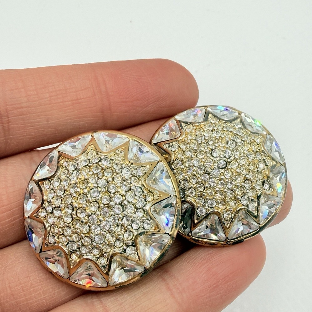 Vintage St. John Gold Tone & Clear Rhinestone Dome Button Clip Earrings READ - Picture 16 of 16